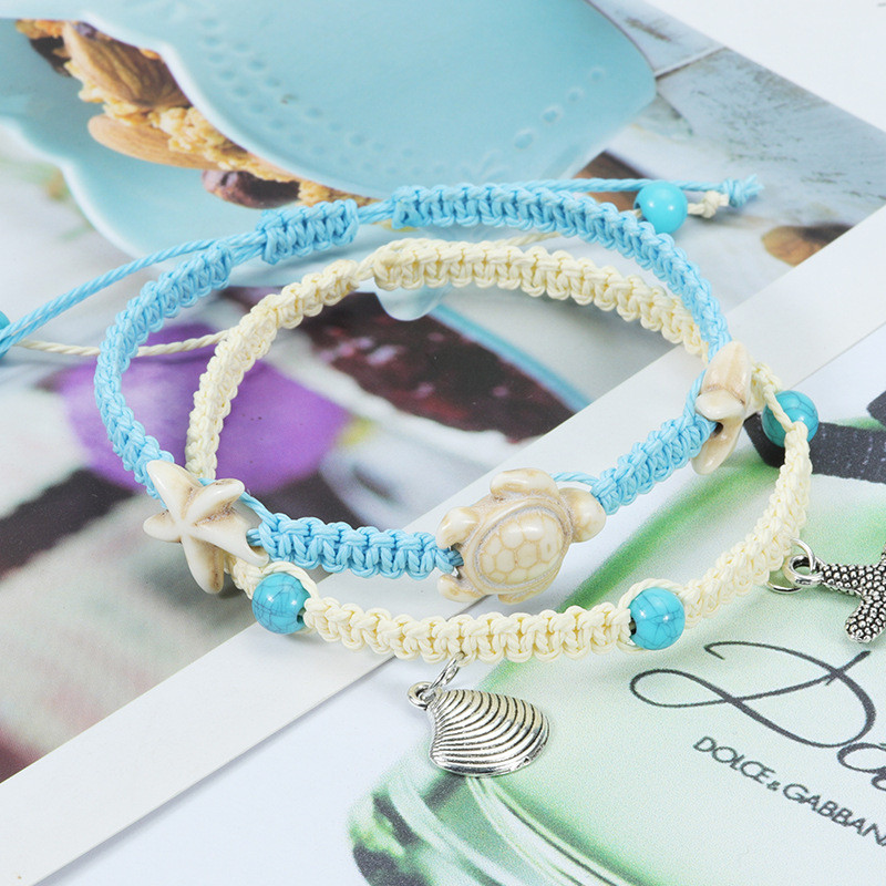 Amazon Hot-Selling New European and American Style Starfish Turtle Anklet Waterproof Wax Thread Braided Summer Surfing Anklet Set