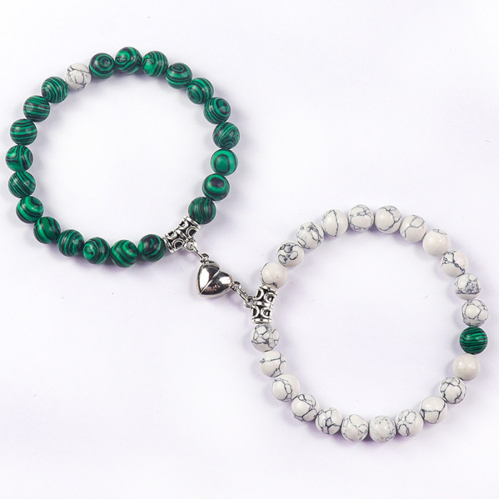 Wish AliExpress 8mm White Turquoise Couple Bracelet Matte Black Heart Magnetic Induction Turquoise Couple Bracelet