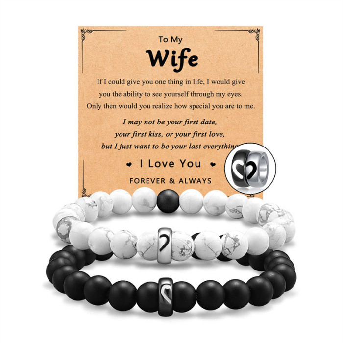 Hot-Selling White Pine Matte Bead Bracelet Set Black and White Beaded Couple Bracelets Pair of Heart Stainless Steel Beads