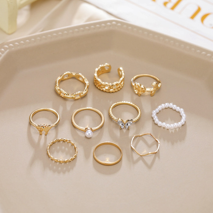 Korean Jewelry AliExpress Cross-Border European and American Retro Rings Gold Inlaid Diamond Butterfly Pearl Hollow Rings 10-Piece Set