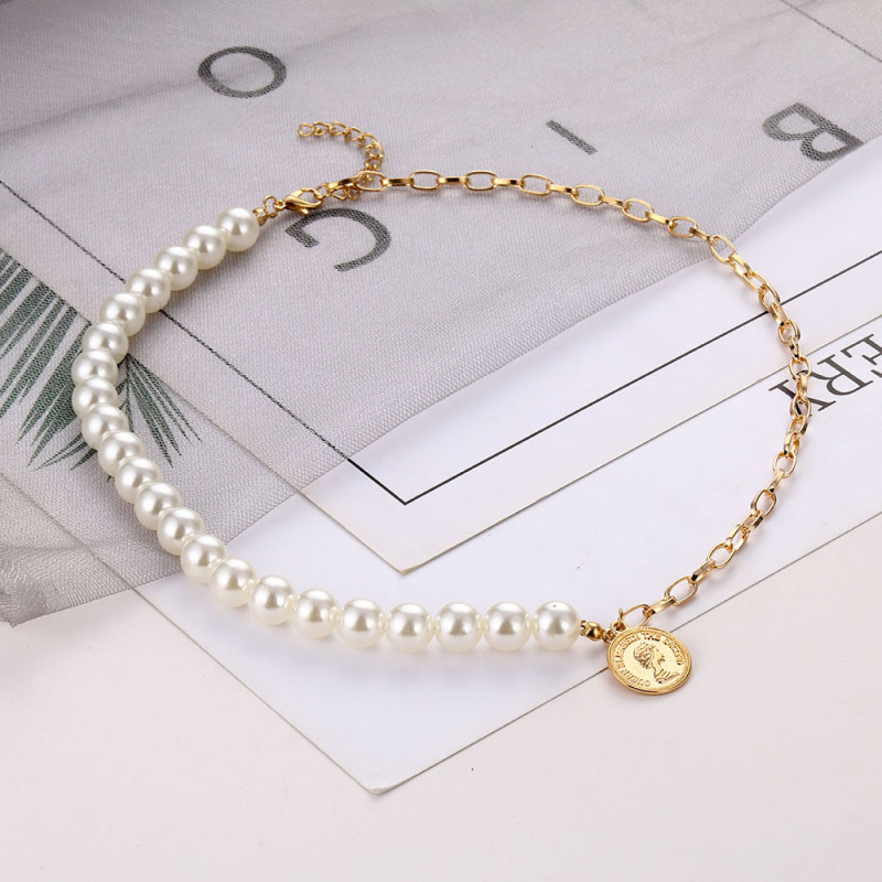 Cross-Border New Accessories Trendy Chain Pearl Necklace European and American Style Retro Coin Pendant Clavicle Chain Women's Choker
