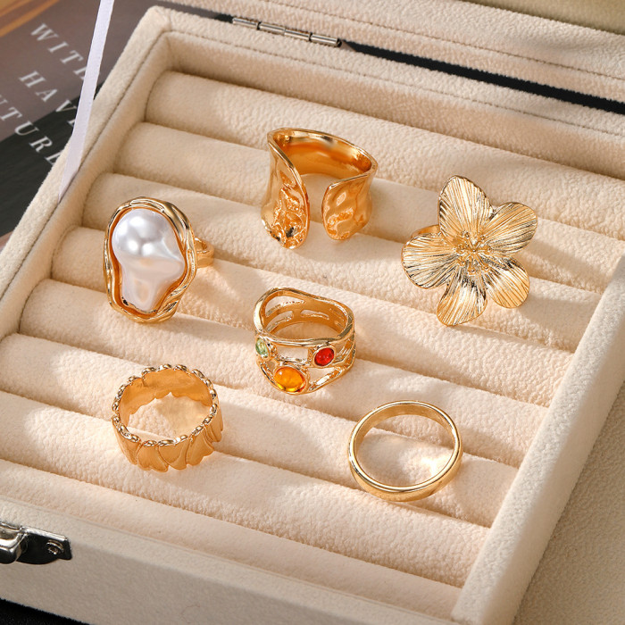 Europe and America Cross Border Design Liquid Lava Flower Open Ring Ins Baroque Imitation Pearl Inlaid Jewel Ring