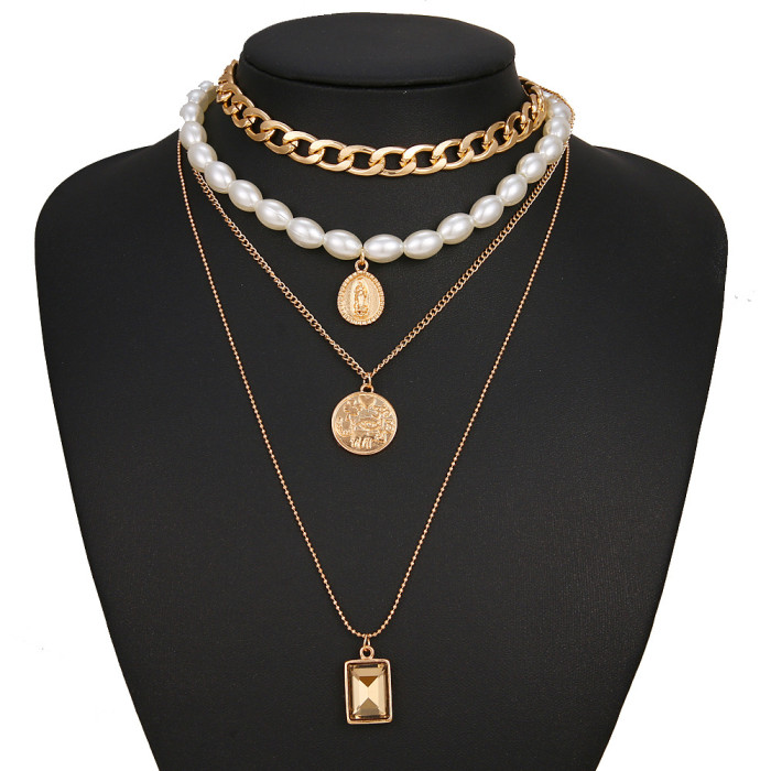 Jewelry Retro Coin Gemstone Necklace Sweater Chain for Women Personality Temperament Multi-Layer Pearl Necklace