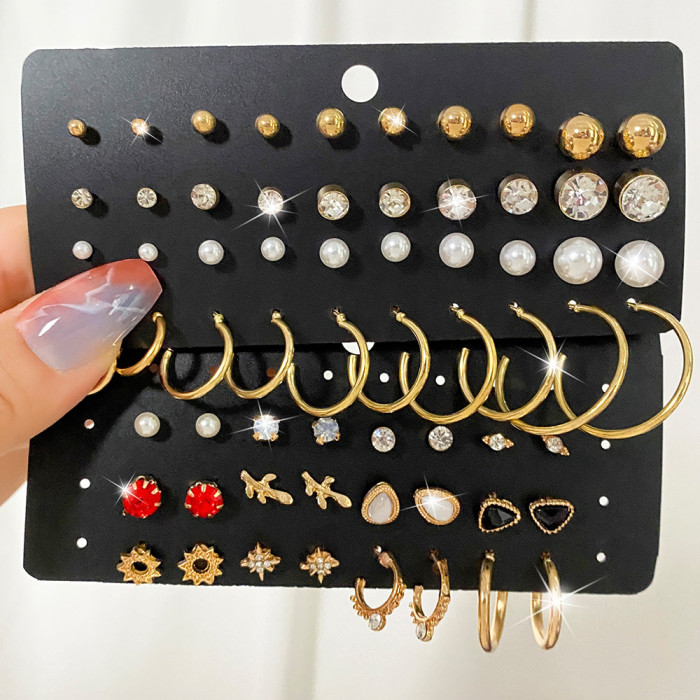 New Pearl Zircon Earrings Set 20 Pairs Creative Retro Simple Elegant Hoop Earrings Wholesale, Jewelry Sets