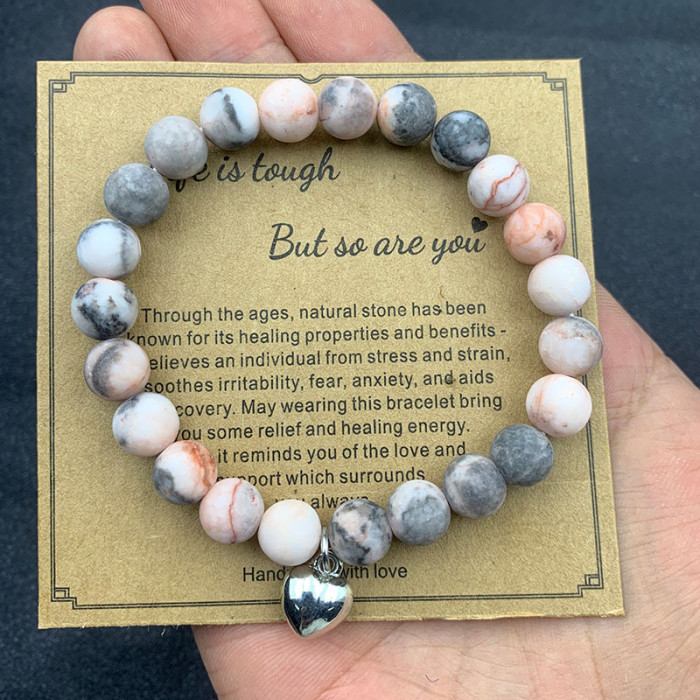 8mm Pink Zebra Stone Bead Bracelet with Card, Holiday Gift for Men and Women, Friendship Heart Bead Bracelet, Wholesale Hot Item