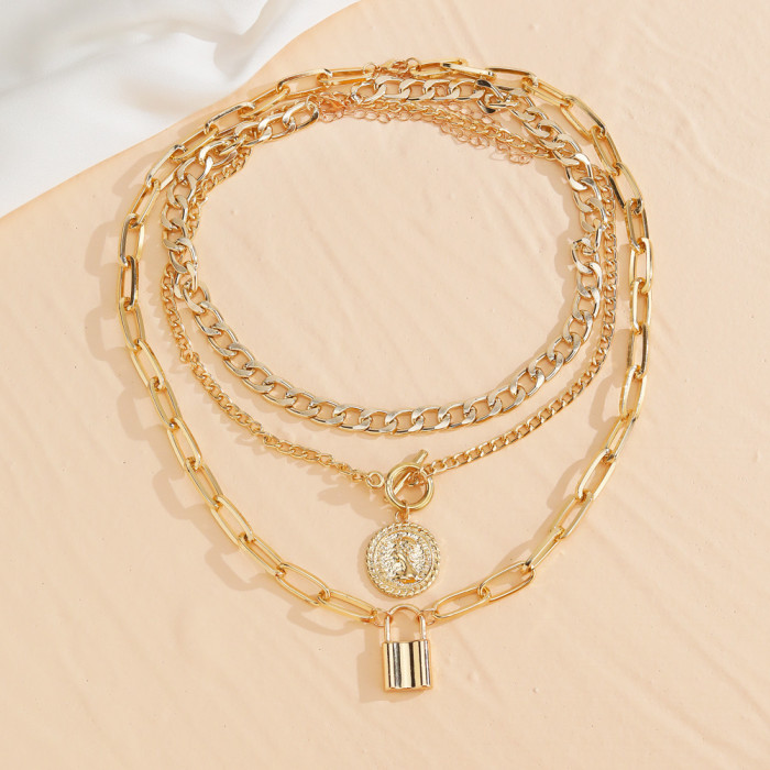 Alloy Embossed Round Pendant Necklace Creative Retro Simple Gold Double Layer Clavicle Chain Choker for Women