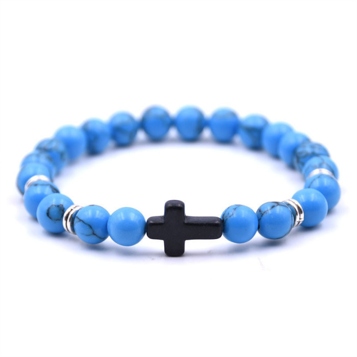 European and American Agate Stone Cross Bracelet Tiger Eye Stone Volcanic Stone Bracelet Fashion Turquoise Jewelry Frosted Hand Accessories In Stock