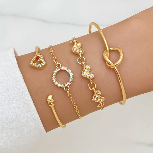 European and American High-End Heart-Shaped Diamond-Encrusted Bracelet Niche Design Jewelry Knotted Open Bangle 4-Piece Set Combination
