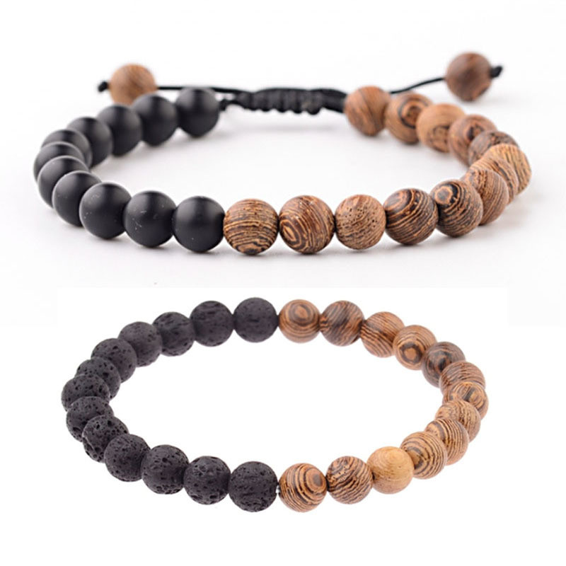 8mm New Style Wooden Bead Bracelet for Men, Volcanic Stone White Pine Red Pine Black Agate Stone Bead Bracelet for Women, European and American Style Bracelet
