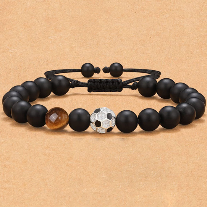 Amazon Hot Selling Obsidian Matte Braided Bracelet Men's Football Fashion Tiger Eye Stone Volcanic Stone Beaded Bracelet