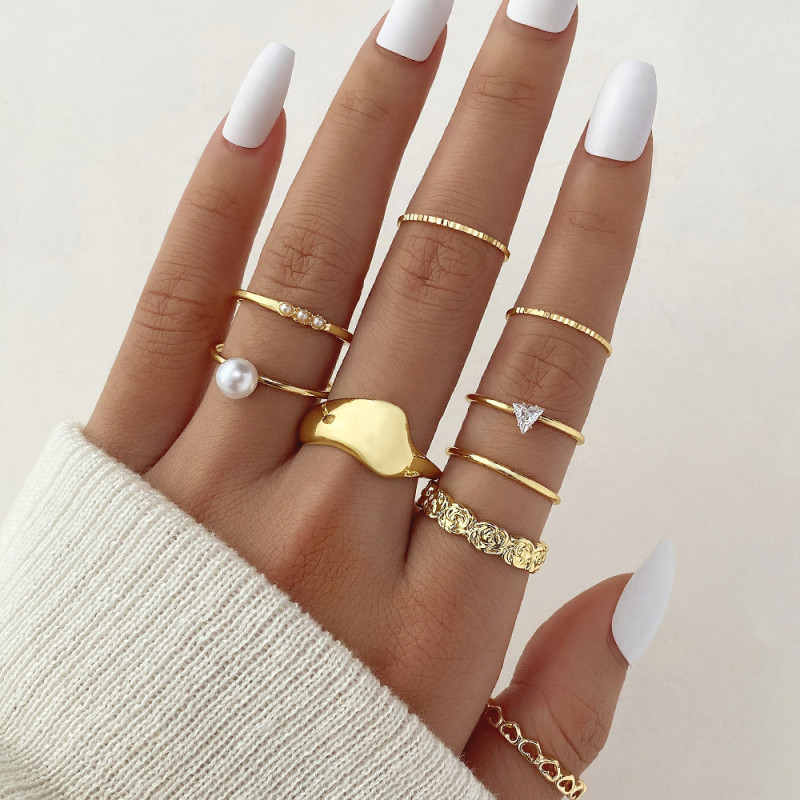 Cross-Border European and American Style Ring Set Ins Simple Female Personality Cool Style Multi-Piece Set Plain Ring Stacking Ring Wholesale