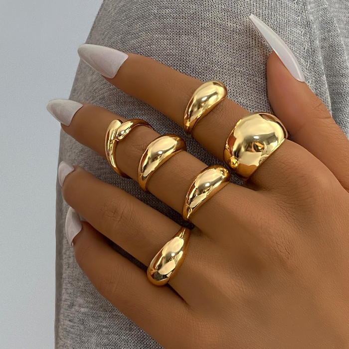 European and American Cross-Border Geometric UV Electroplated CCB Material Oval Ring 6-Piece Set Irregular Smooth Open Ring Set