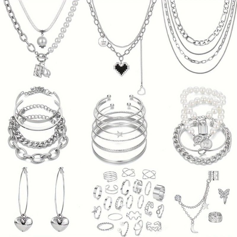 44-piece Set Cross-border Women's Fashion Simple Jewelry Set Butterfly Pearl Multi-layer Necklace Ring Earrings Bracelet for Women