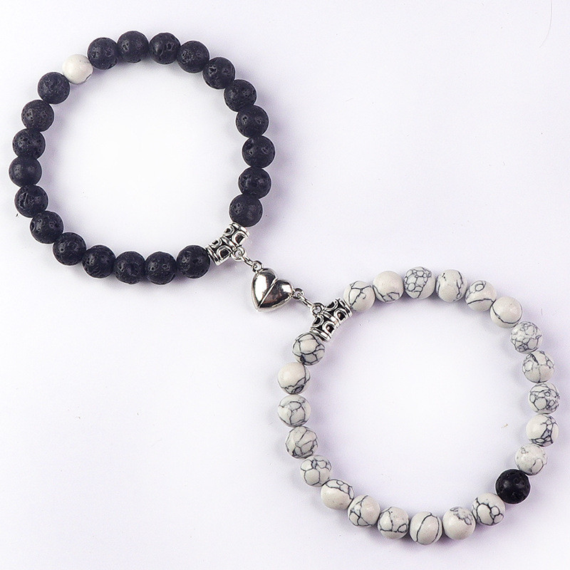 European and American Cross-Border 8mm White Turquoise Couple Bracelet Matte Black Heart Magnetic Induction Turquoise Couple Bracelet Wholesale