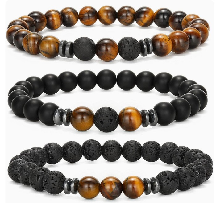8mm Tiger Eye Bracelet Handmade Woven White Turquoise Bracelet Set Elastic Lava Adjustable Black Unisex Bracelet