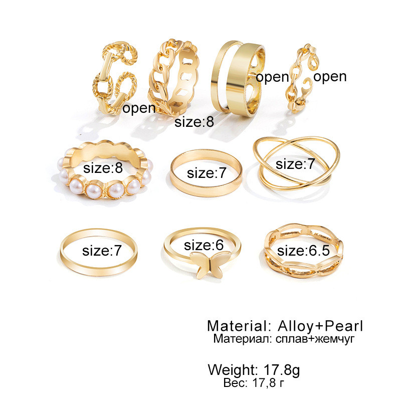 European and American 10-Piece Set Heart Alloy Rings Cross-Border Hot-Selling Butterfly Rings Open Gold Multi-Joint Ring Set