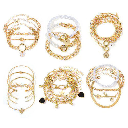 Amazon Hot-Selling Metal Bracelet Set European and American Cross-Border Personality Thick Chain Bracelet Smooth Multi-Layer Open Bangle