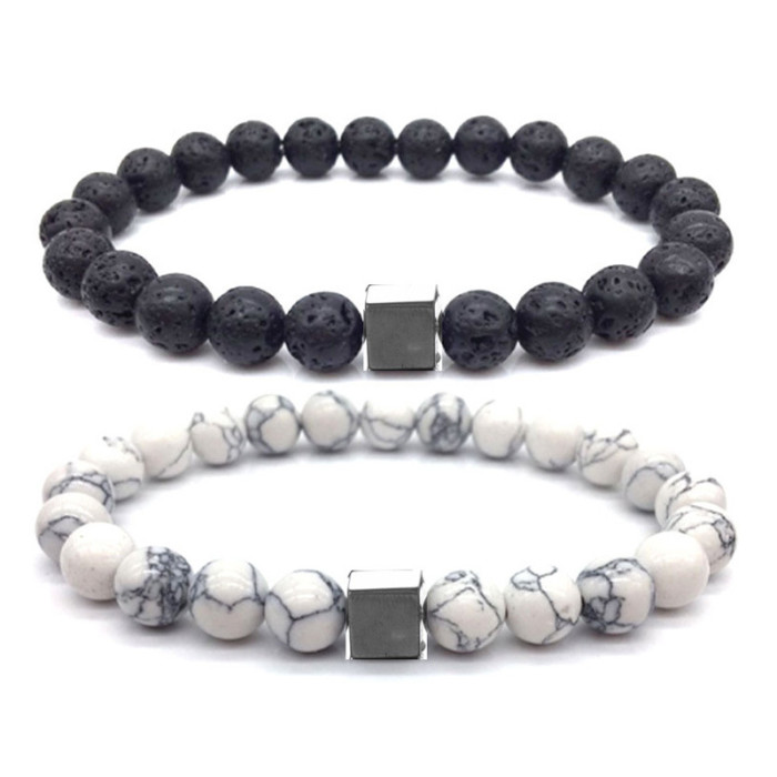 Live Hot Sale White Turquoise Volcanic Stone Couple Bracelets for Women Black and White Impermanence Boyfriend Couple Beaded Bracelet Set