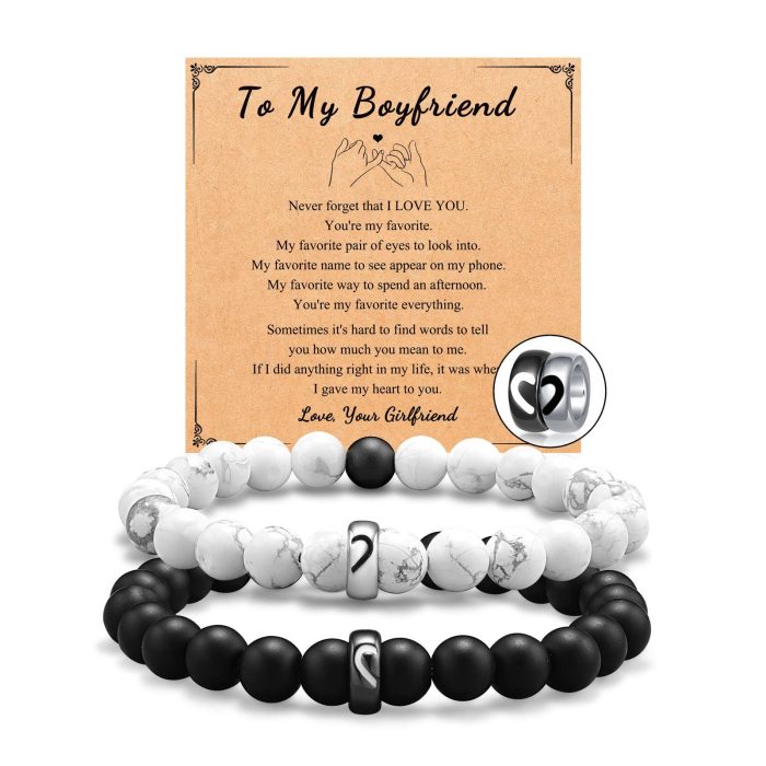 Frosted Black and White Turquoise Bracelet Set Holiday Gift Heart Bracelet Engraved Black and White Steel Ring Couple Bracelet