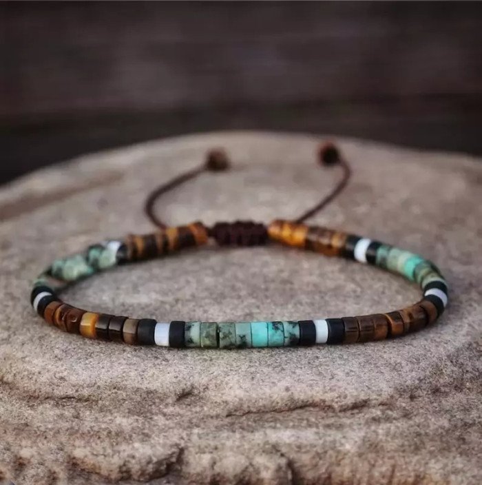 Beach Women's Gift Handmade Beaded Bohemian Green Aventurine Tiger Eye Stone Turquoise Cylinder Flat Bead Women's Bracelet