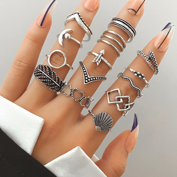 European and American Cross-Border Vintage Distressed Butterfly Snake-Shaped Ring Set Combination Open Multi-Joint Ring Set 9-Piece Set