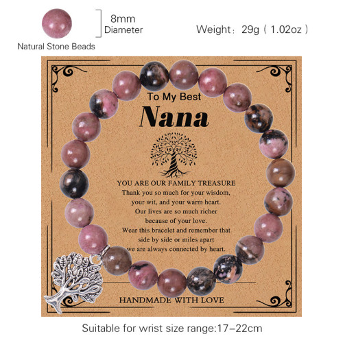 Hot-Selling European and American Grandma Pink Zebra Stone Bracelet Tree of Life Pendant Bracelet Nana Grandma Card Gift