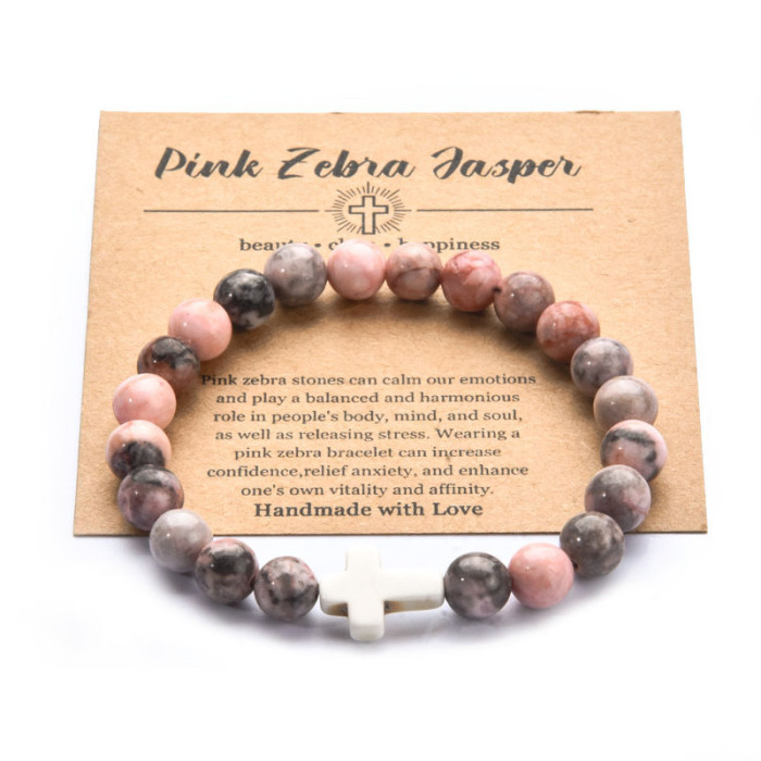 Cross-Border Hot Selling Volcanic Stone Bracelet Handmade Beaded Pink Zebra Cross Elastic Cord Hand Jewelry Bracelet Card Accessories