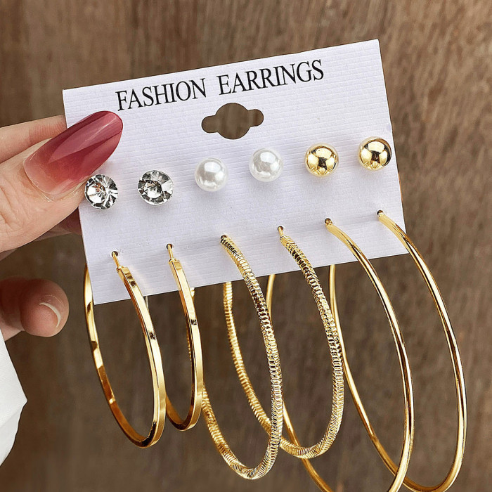 Creative Rock Exaggerated Hoop Earrings Simple 6-Piece Earring Set Personality Earring Combination Wholesale, Jewelry...