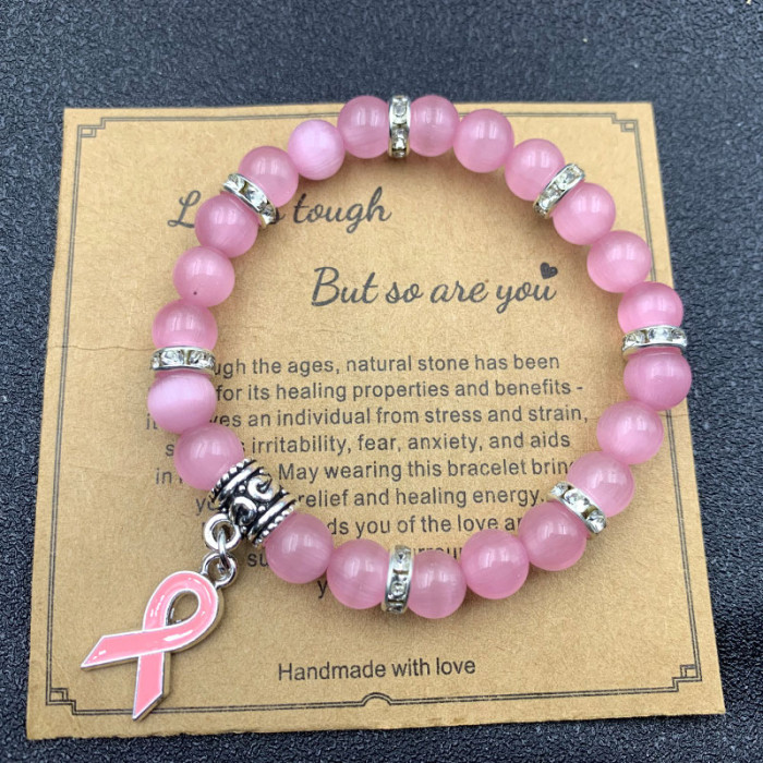 8mm Pink Zebra Stone Bead Bracelet with Card, Holiday Gift for Men and Women, Friendship Heart Bead Bracelet, Wholesale Hot Item