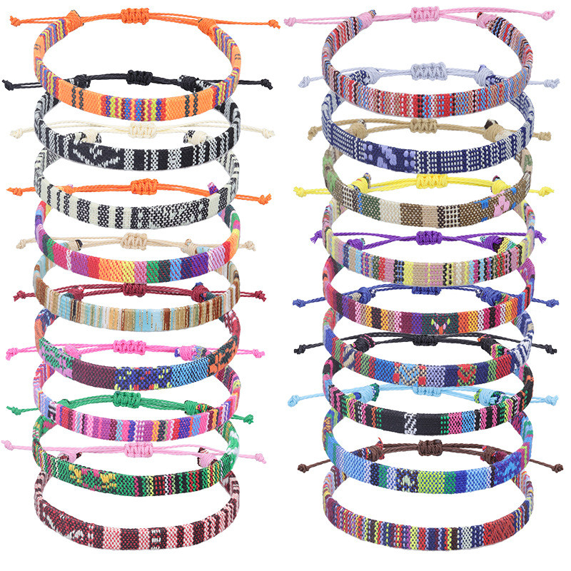 Amazon Hot-Selling Nepal Style Cotton Linen Woven Fabric Rainbow Anklet Versatile Colorful Adjustable Wide Anklet Rope