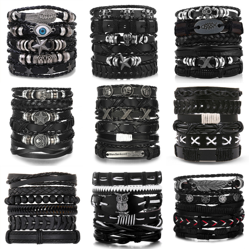 Cross-Border Men's DIY Weaving Set Leather Bracelet European and American Hot-Selling Skull Beaded Punk Style Combination Hand Jewelry
