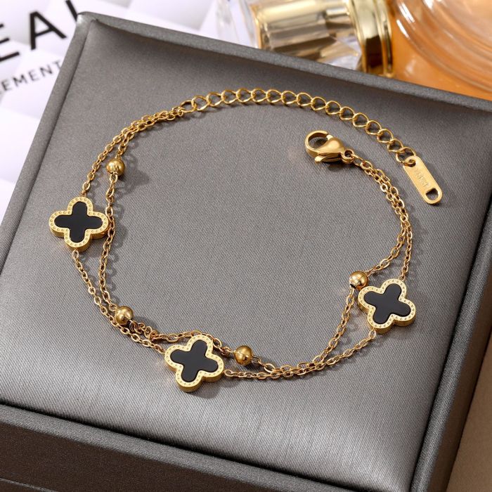 Stainless Steel Bracelet for Women Double Layer Gold Beads Twist Chain Blade Chain Thin Snake Bone Chain Map Pentagra...