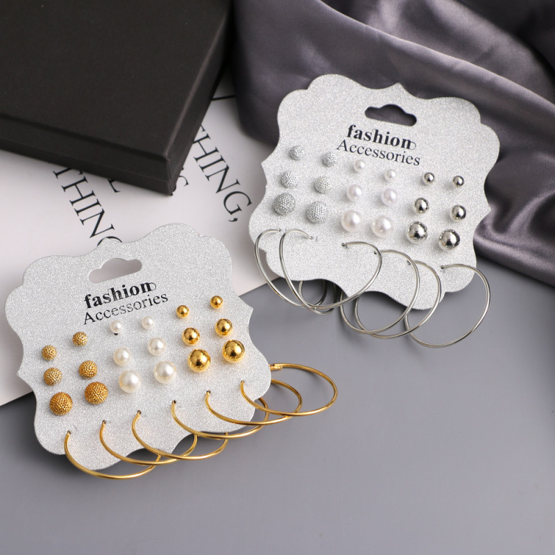 European and American Cross-Border Exaggerated Pearl Stud Earrings Geometric Circle with Rhinestones Alloy Earrings 12 Pairs Set Hoop Earrings