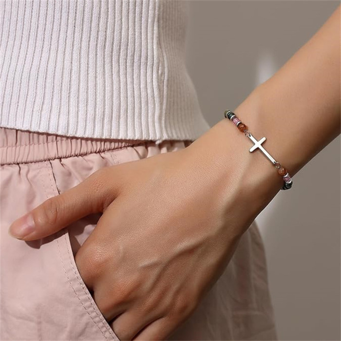 Amazon New Product 4mm Natural Stone Beaded Cross Lobster Clasp Adjustable Women's Bracelet with Card