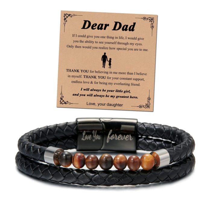 Leather Bracelet Stainless Steel Black Engraved Magnetic Clasp Love You Forever Double Layer Tiger Eye Stone Leather Bracelet