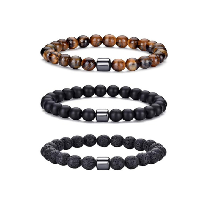 Hot-Selling Amazon European and American Men's Fashion Tiger Eye Volcanic Stone Bracelet White Pine Snowflake Bracelet Versatile Accessories