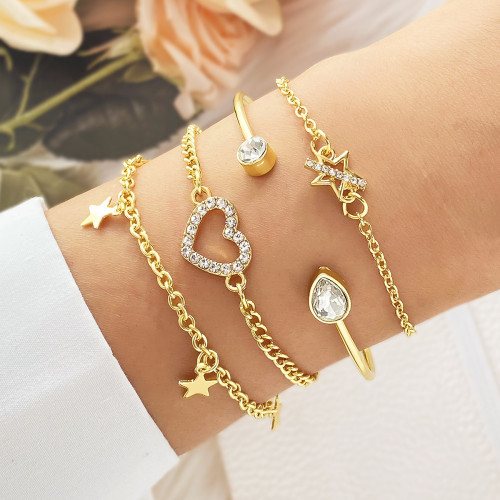 Cross-Border Source Alloy High-End Star Bracelet for Women Fashionable Commuting Versatile Inlaid Diamond Heart Open Bangle Set