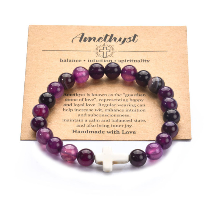 Cross-Border Hot Selling Volcanic Stone Bracelet Handmade Beaded Pink Zebra Cross Elastic Cord Hand Jewelry Bracelet Card Accessories