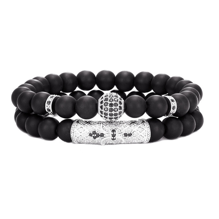 Cross-Border European and American Jewelry Copper Micro-Inlaid Ball Micro-Inlaid Bent Tube Bracelet with Diamond Agate Tiger Eye Stone Men's Set Bracelet