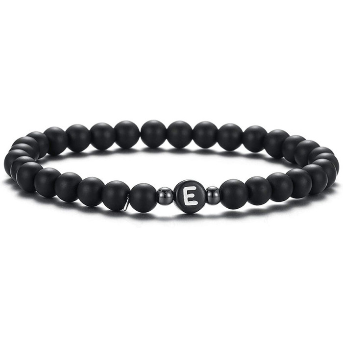 Wish Hot Sale 6MM Black Matte Imitation Obsidian Beads 26 Letter Bracelet Personalized Couple Jewelry Cross-Border