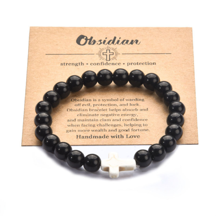 Cross-Border Hot Selling Volcanic Stone Bracelet Handmade Beaded Pink Zebra Cross Elastic Cord Hand Jewelry Bracelet Card Accessories