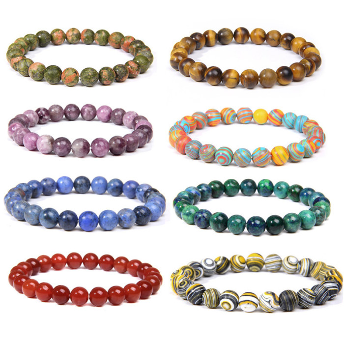 Amazon Hot Sale European and American 8mm Tiger Eye Stone White Pine Agate Crystal Stone Beads Bracelet Elastic Bracelet Cross-Border