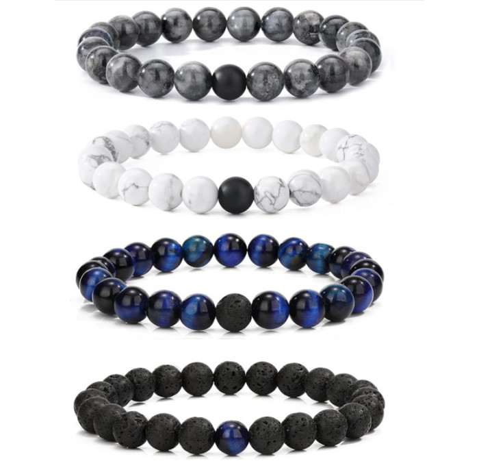 Hot-Selling Amazon European and American Men's Fashion Tiger Eye Volcanic Stone Bracelet White Pine Snowflake Bracelet Versatile Accessories
