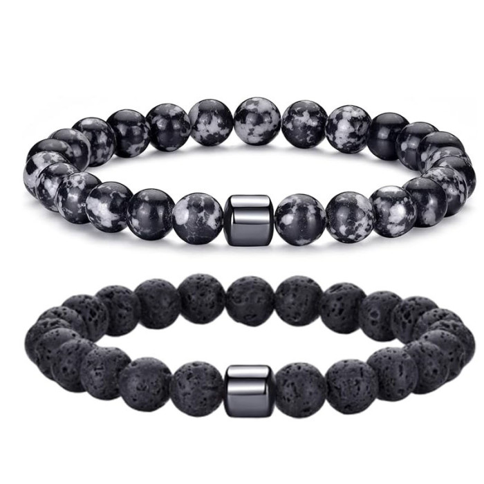 Amazon Cross-Border Volcanic Stone Bracelet Fashion Simple Tiger Eye Stone Bracelet Men's Elastic Cord Spacer Bead Bracelet Set