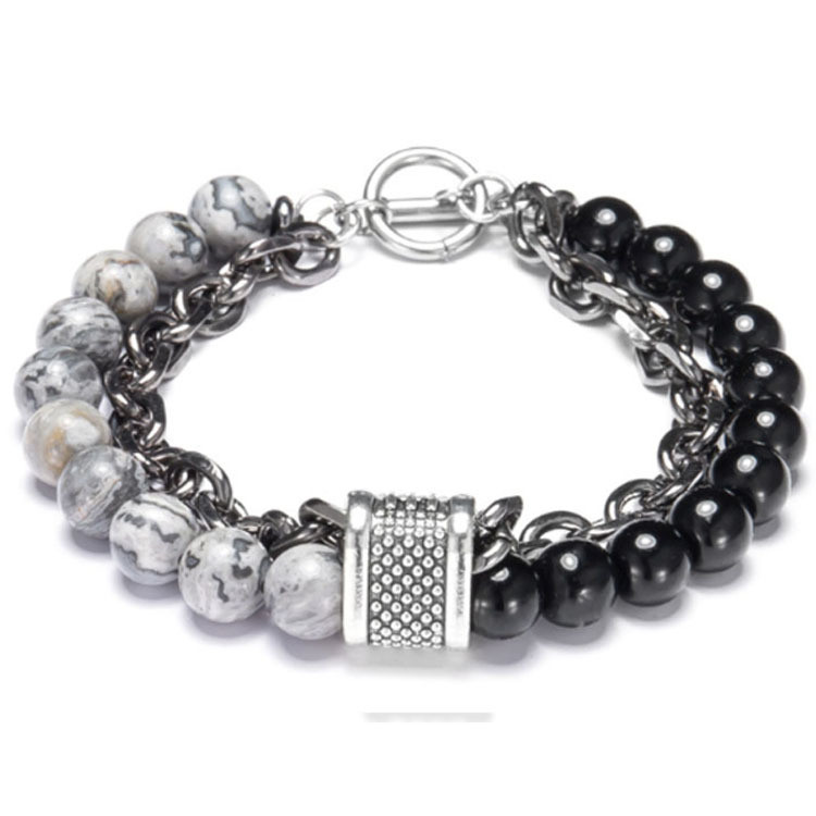 European and American Style Beaded Matte Map Stone Men's Bracelet Beaded Metal Bracelet Jewelry Cross-Border Hot-Selling Handmade