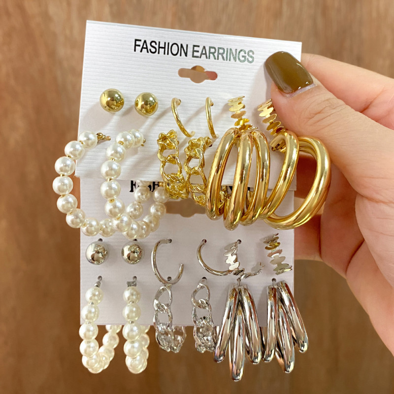 Vintage Gold Earrings Set Stud Earrings 6-Piece Set European and American Cross-Border French Geometric Inlaid Pearl Earrings