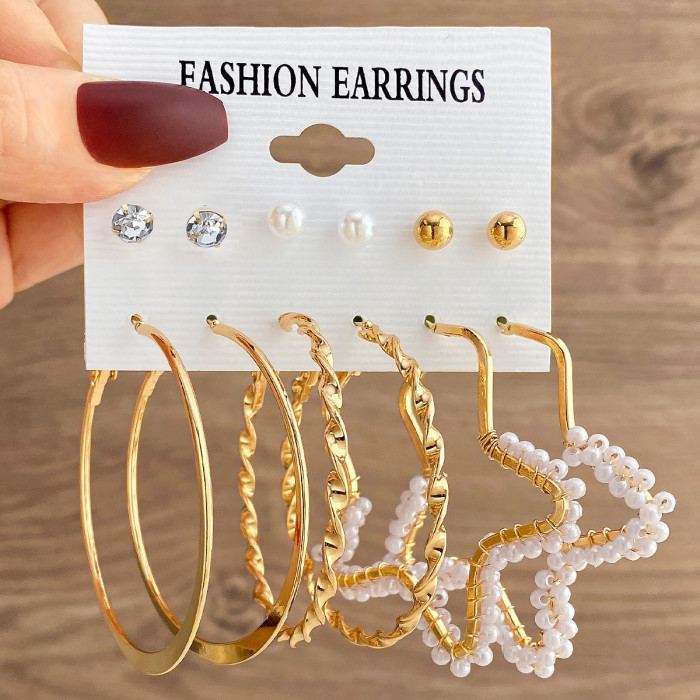 Inlaid Pearl Butterfly Stud Earrings High-End Sense Hoop Vintage Metal 6-Piece Earring Set for Women, Jewelry Sets