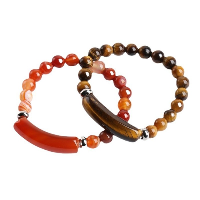 European and American Cross-Border Amazon Pink Quartz Bracelet Green Aventurine Tiger Eye Raw Stone Beaded Bracelet Simple Fashionable Trendy Bracelet Jewelry