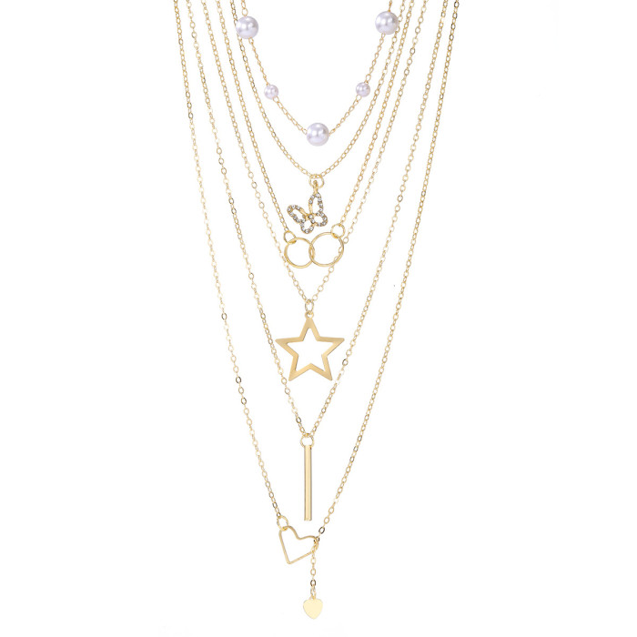 Butterfly Tassel Pendant Layered Necklace Set Niche Metal Chain Heart Necklace Versatile Accessories