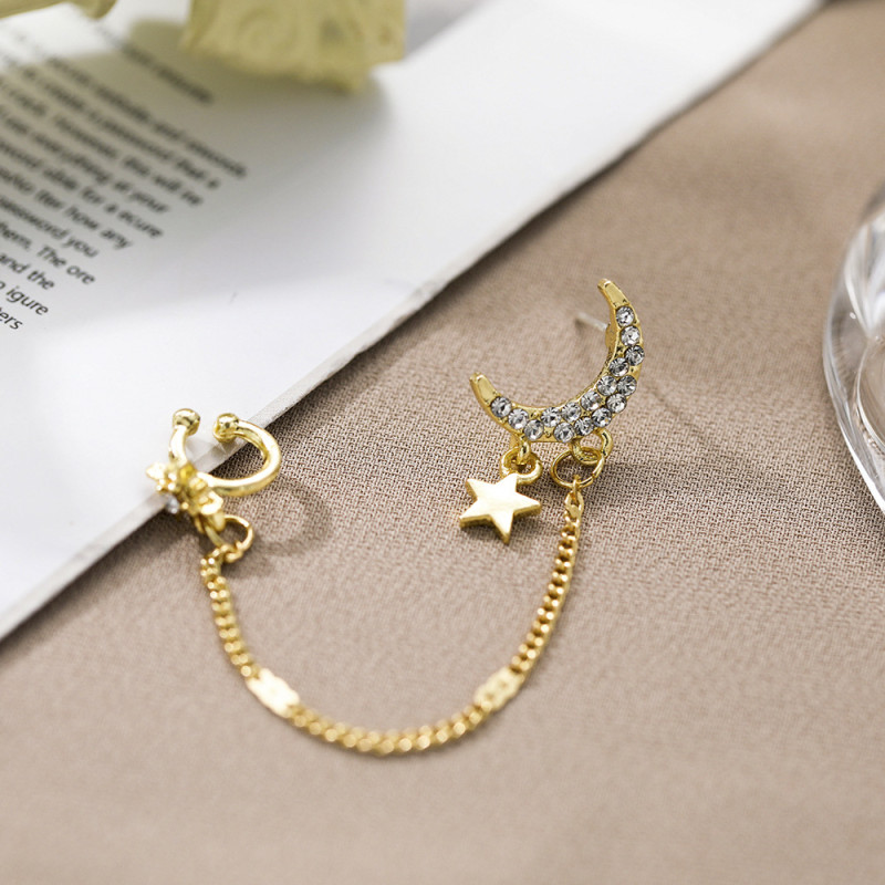 European and American New Style Star Moon Ear Clips Earrings Non-Pierced Women Creative Chain Earrings Cross-Border Ins Same Style Earrings